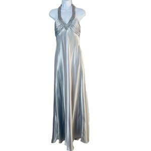 Cachet Vtg Silk Metallic Formal Dress 10 Coquette Beaded Silver Y2K Gothic